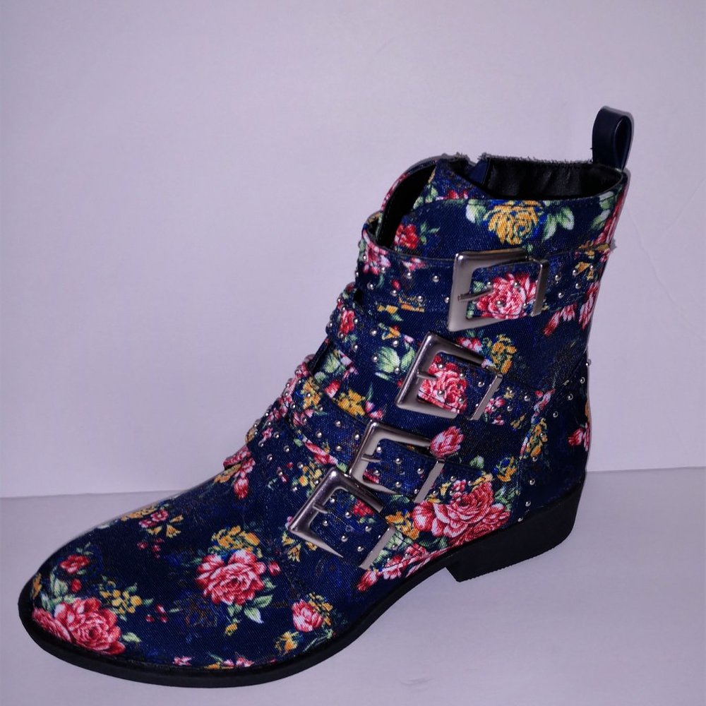 Qupid Rose Print Blue Denim Ankle Boots Buckles 5.5 - 10 - Picture 2 of 11